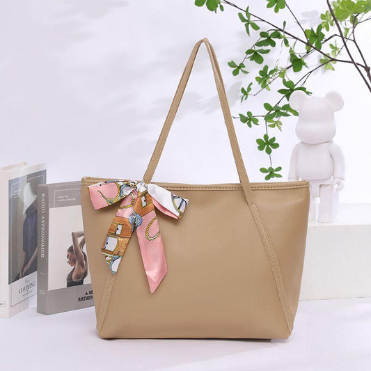 Large Capacity Shoulder Bag with Zipper & Ribbon Decor