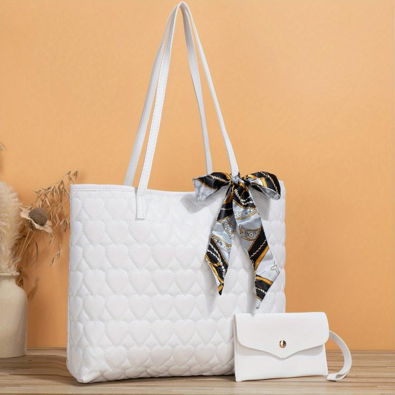 Heart Quilted Tote Bag Scarf Decor Shoulder Bag Women's Casual Handbag
