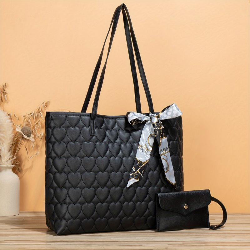 Heart Quilted Tote Bag Scarf Decor Shoulder Bag Women's Casual Handbag