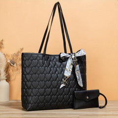 Heart Quilted Tote Bag Scarf Decor Shoulder Bag Women's Casual Handbag