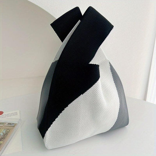 Colorblock Literary Knitted Handbag Large Capacity Portable Tote Bag