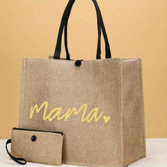 Mama Gift: 2Pcs Printed Burlap Tote Bag Set with Coin Purse
