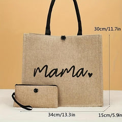 Mama Gift: 2Pcs Printed Burlap Tote Bag Set with Coin Purse