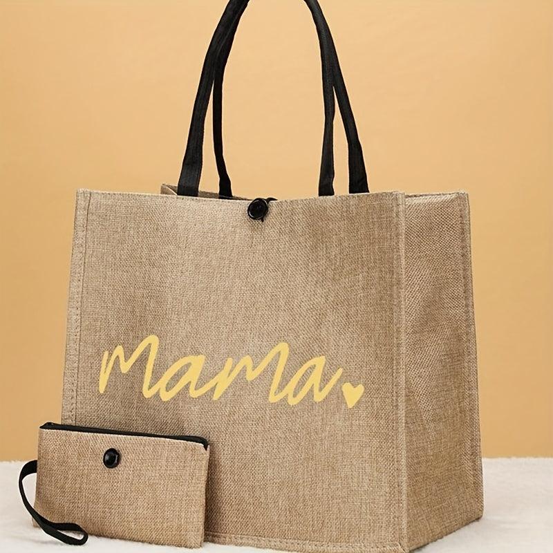 Mama Gift: 2Pcs Printed Burlap Tote Bag Set with Coin Purse
