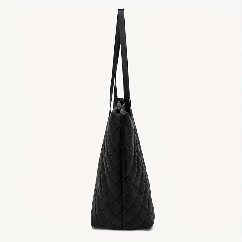 Argyle Quilted Tote Bag Large Capacity Stylish PU Leather Handbag