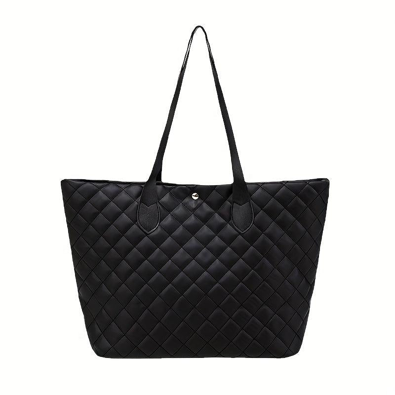 Argyle Quilted Tote Bag Large Capacity Stylish PU Leather Handbag