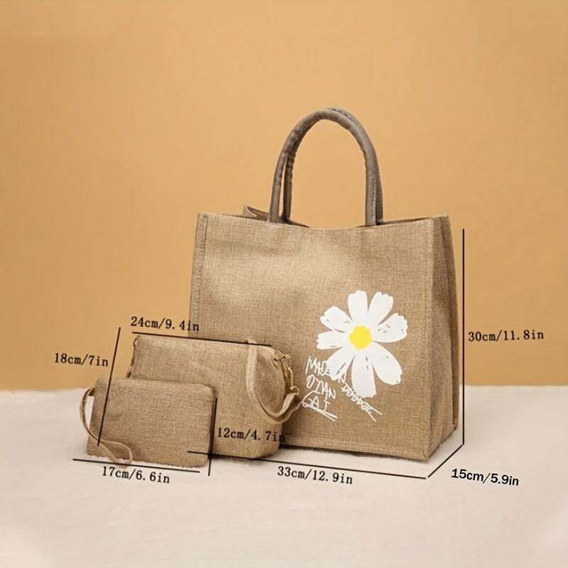 Daisy Flower Print Tote Bag Set Burlap Handbag Crossbody Clutch Coin Purse