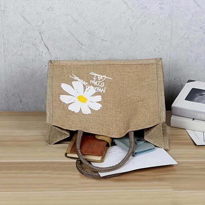 Daisy Flower Print Tote Bag Set Burlap Handbag Crossbody Clutch Coin Purse