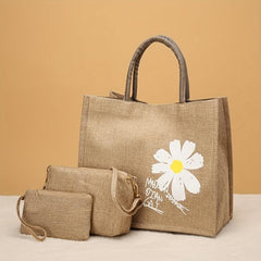 Daisy Flower Print Tote Bag Set Burlap Handbag Crossbody Clutch Coin Purse