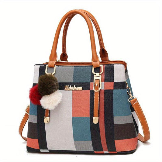 Colorblock Plaid Pattern Tote Bag PU Leather Crossbody Bag Satchel Purse
