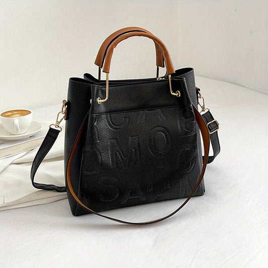 Embossed Letter Tote Satchel Handbag Classic Faux Leather Bag