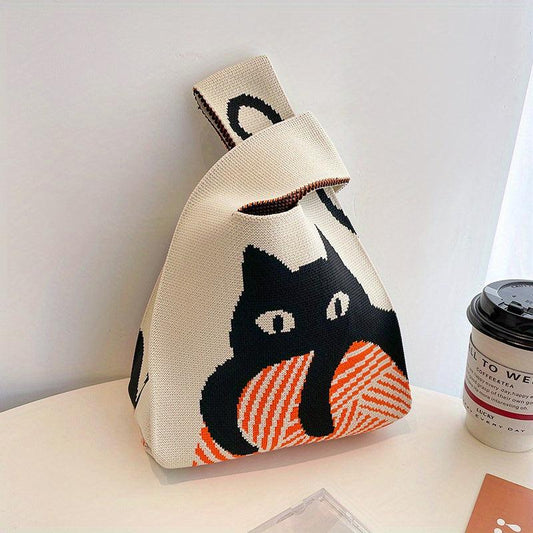 Cartoon Cat Pattern Knitted Casual Handbag Large Capacity Portable Tote Bag