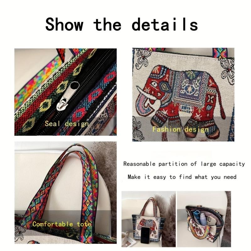 Vintage Ethnic Owl & Elephant Pattern Handbag Lightweight Storage Satchel Bag