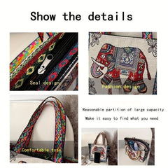 Vintage Ethnic Owl & Elephant Pattern Handbag Lightweight Storage Satchel Bag
