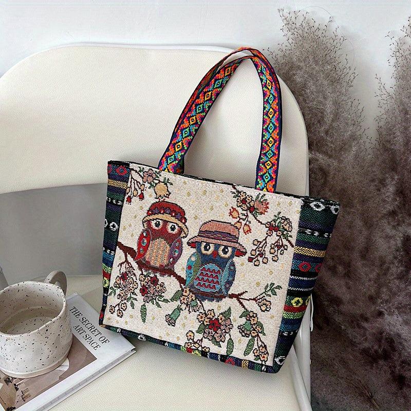 Vintage Ethnic Owl & Elephant Pattern Handbag Lightweight Storage Satchel Bag