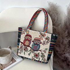 Vintage Ethnic Owl & Elephant Pattern Handbag Lightweight Storage Satchel Bag