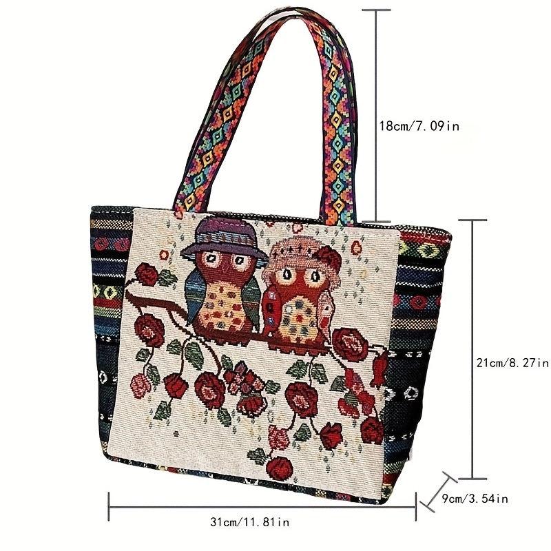 Vintage Ethnic Owl & Elephant Pattern Handbag Lightweight Storage Satchel Bag