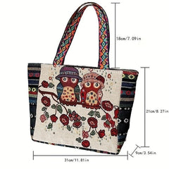 Vintage Ethnic Owl & Elephant Pattern Handbag Lightweight Storage Satchel Bag