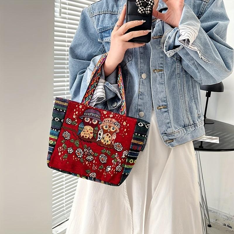 Vintage Ethnic Owl & Elephant Pattern Handbag Lightweight Storage Satchel Bag