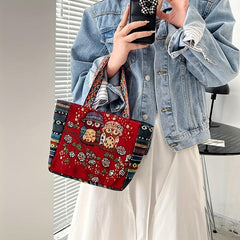 Vintage Ethnic Owl & Elephant Pattern Handbag Lightweight Storage Satchel Bag
