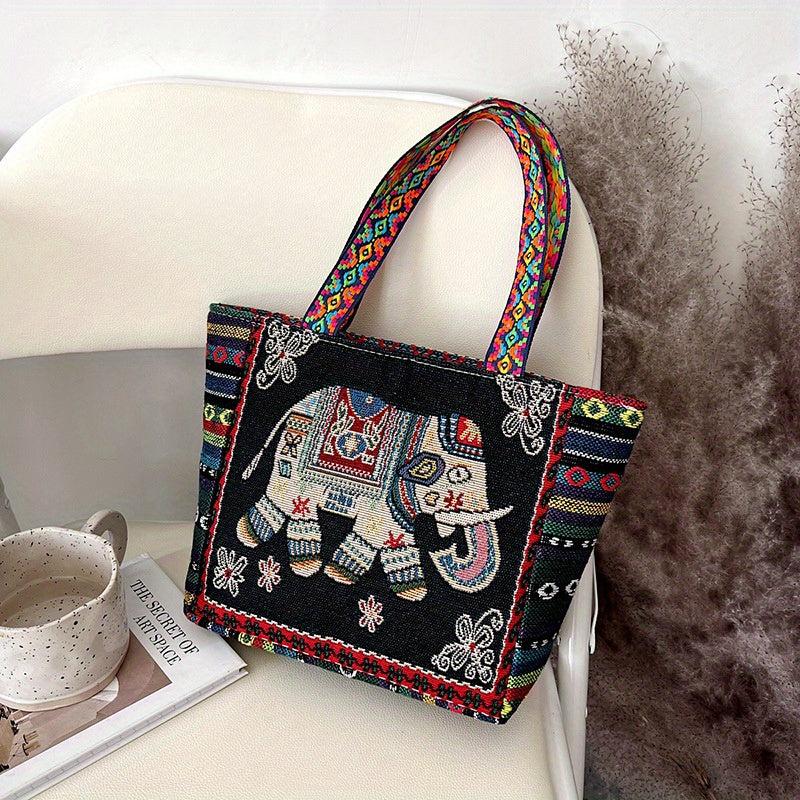 Vintage Ethnic Owl & Elephant Pattern Handbag Lightweight Storage Satchel Bag