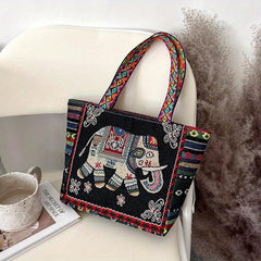 Vintage Ethnic Owl & Elephant Pattern Handbag Lightweight Storage Satchel Bag