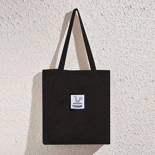 Letter Patch Decor Tote Bag Canvas Shoulder Bag Reusable Grocery Shopping Bag