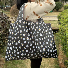 Daisy Print Shoulder Bag Large Capacity Lightweight Foldable Shopper Bag