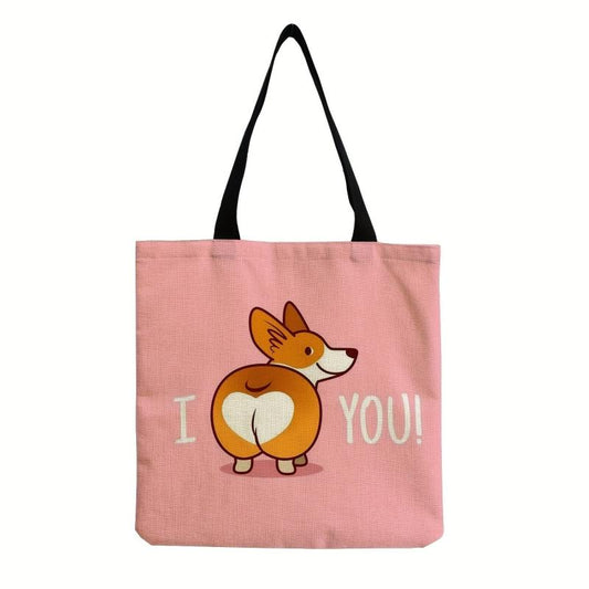 Cartoon Dog Linen Shopper Bag Large Capacity Tote Bag