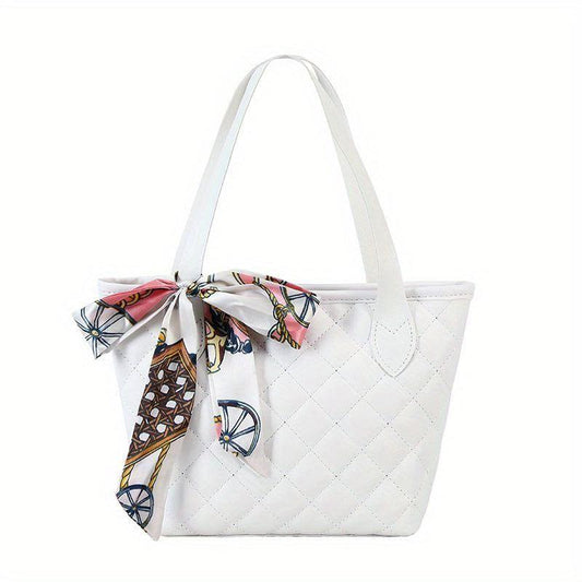 Minimalist Tote Satchel Bag Quilted Detail Handbag Solid Bag With Scarf Decor
