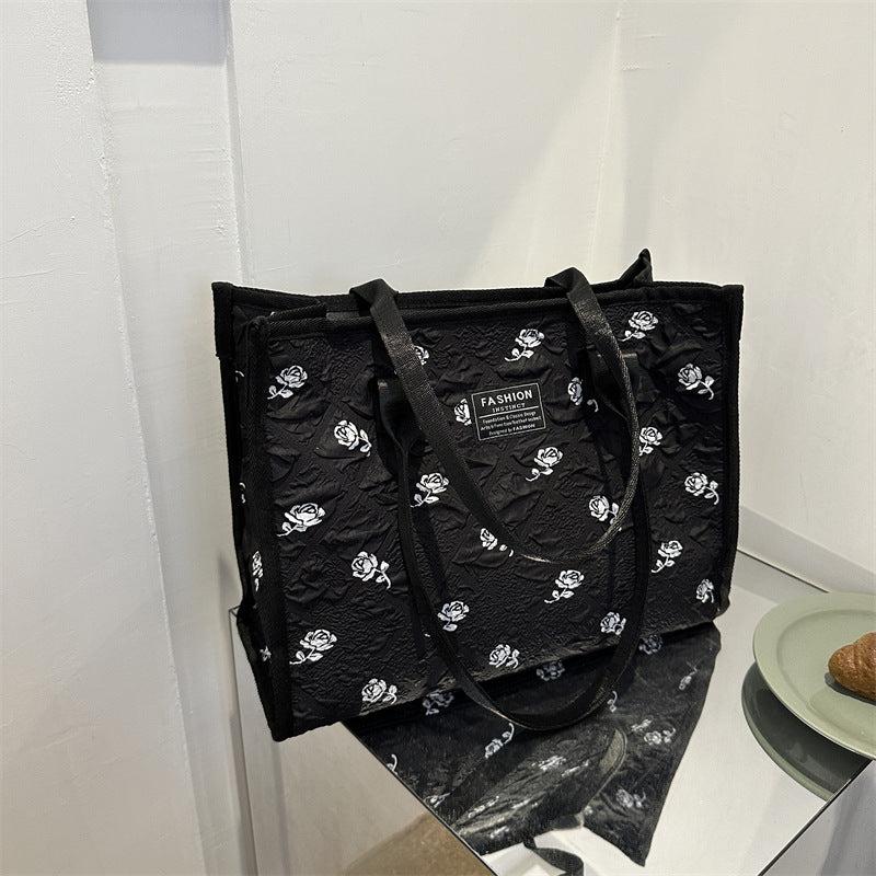 Rose Flower Canvas Tote Bag Ruched Shoulder Bag