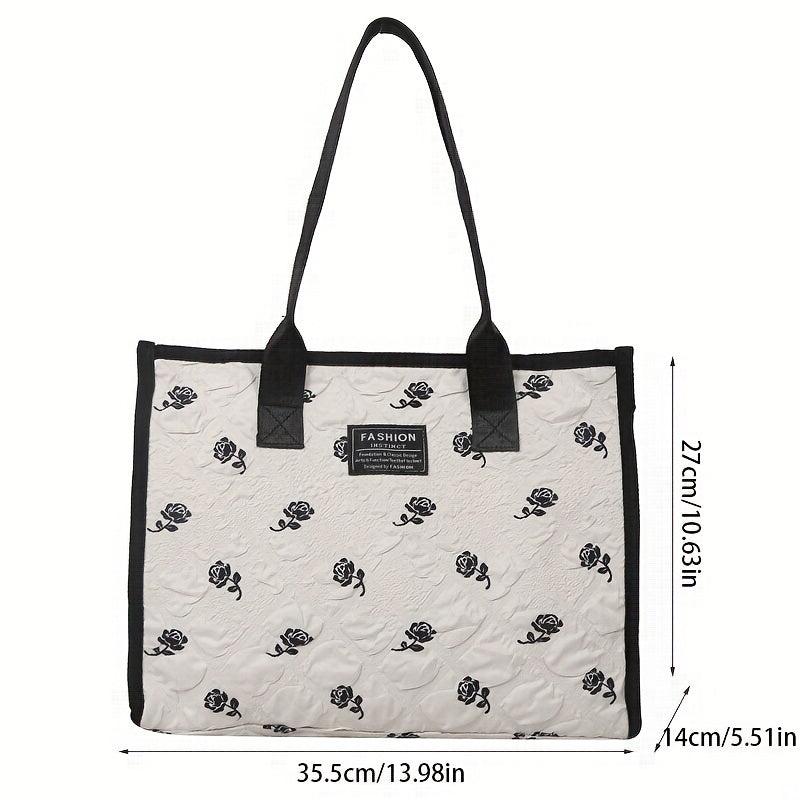 Rose Flower Canvas Tote Bag Ruched Shoulder Bag