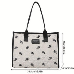 Rose Flower Canvas Tote Bag Ruched Shoulder Bag