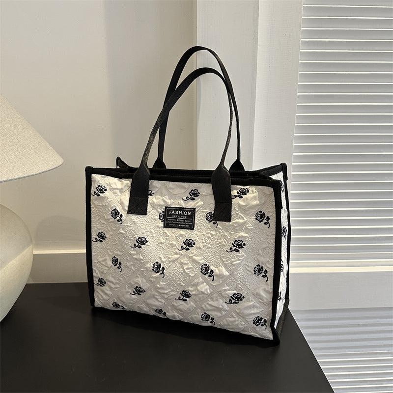 Rose Flower Canvas Tote Bag Ruched Shoulder Bag
