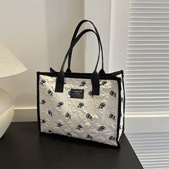 Rose Flower Canvas Tote Bag Ruched Shoulder Bag