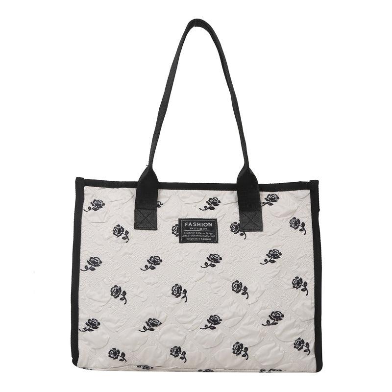 Rose Flower Canvas Tote Bag Ruched Shoulder Bag