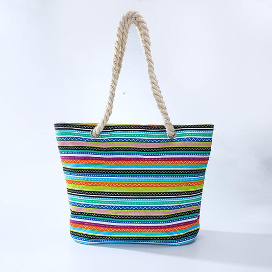 Women's Striped Tote Bag Canvas Shoulder Bag Rope Handle