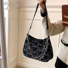 Heart Decor Shoulder Bag Chain Y2K Faux Leather Underarm Crossbody