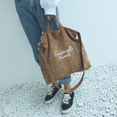 Large Capacity Corduroy Tote Bag with Zipper and Adjustable Strap
