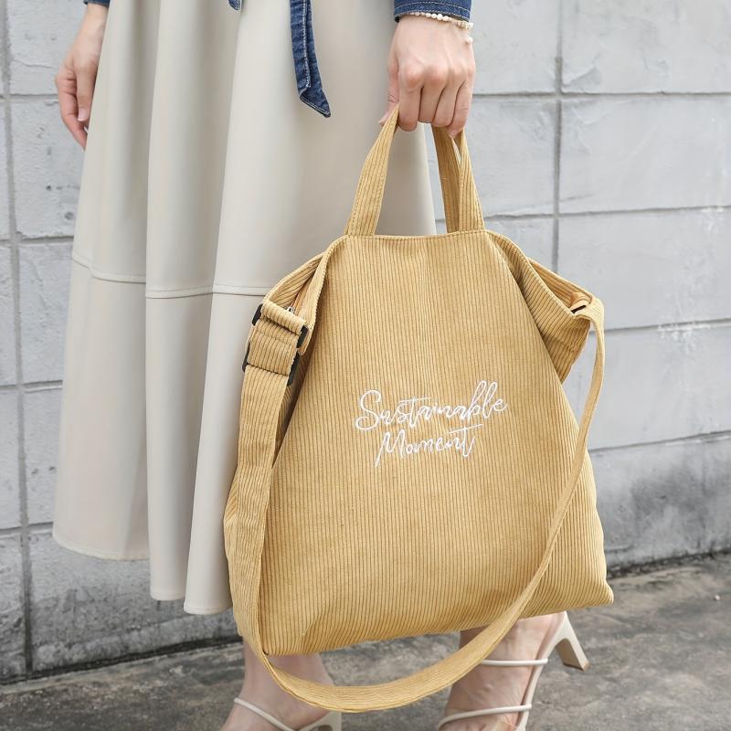 Large Capacity Corduroy Tote Bag with Zipper and Adjustable Strap