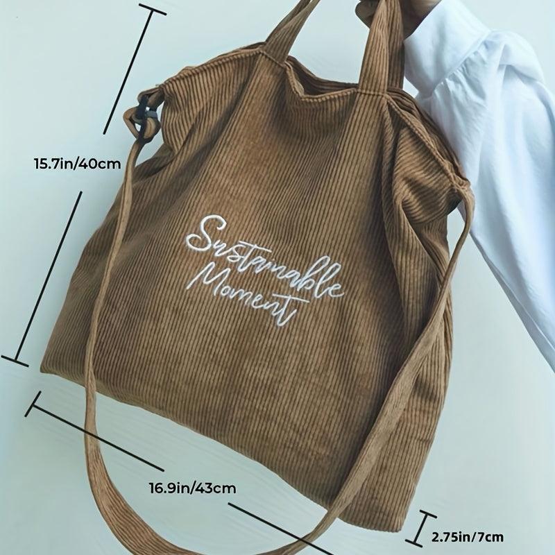 Large Capacity Corduroy Tote Bag with Zipper and Adjustable Strap
