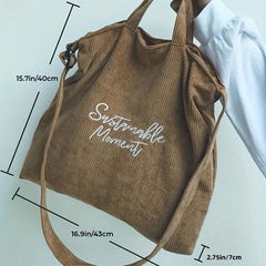 Large Capacity Corduroy Tote Bag with Zipper and Adjustable Strap