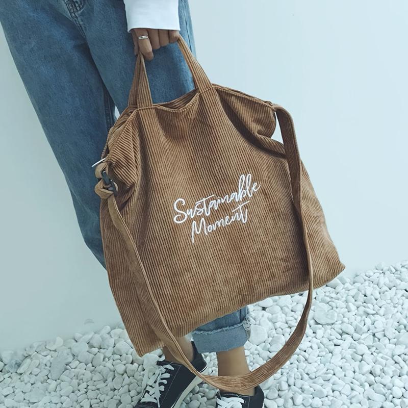 Large Capacity Corduroy Tote Bag with Zipper and Adjustable Strap
