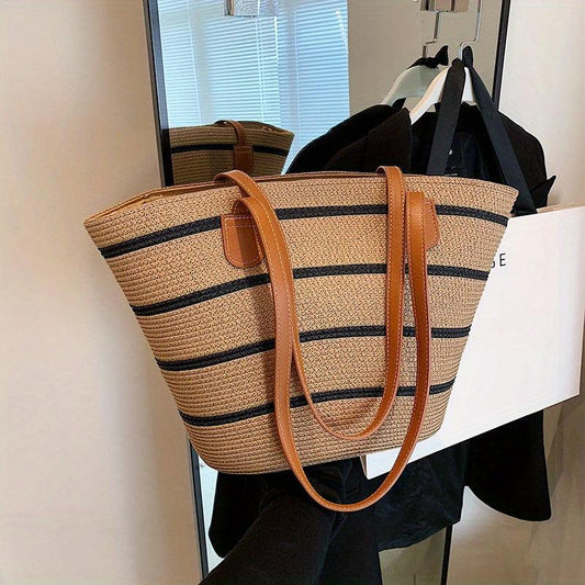 Striped Pattern Straw Bag Vacation Style Tote Bag Boho Style Shoulder Bag