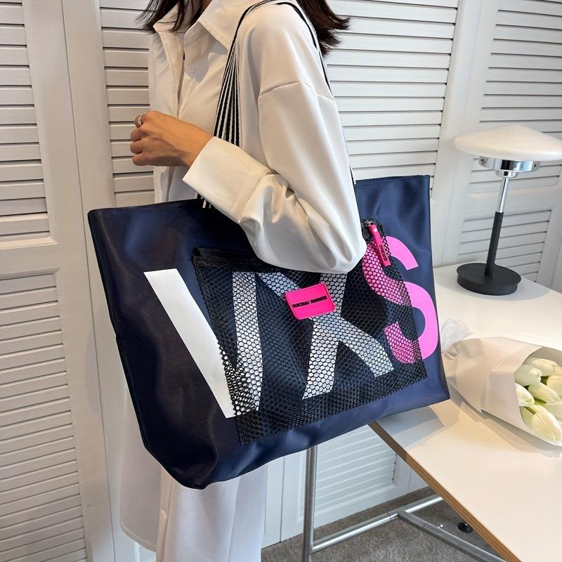 Letter Print Beach Tote Bag Lightweight Nylon Shoulder Bag for Women