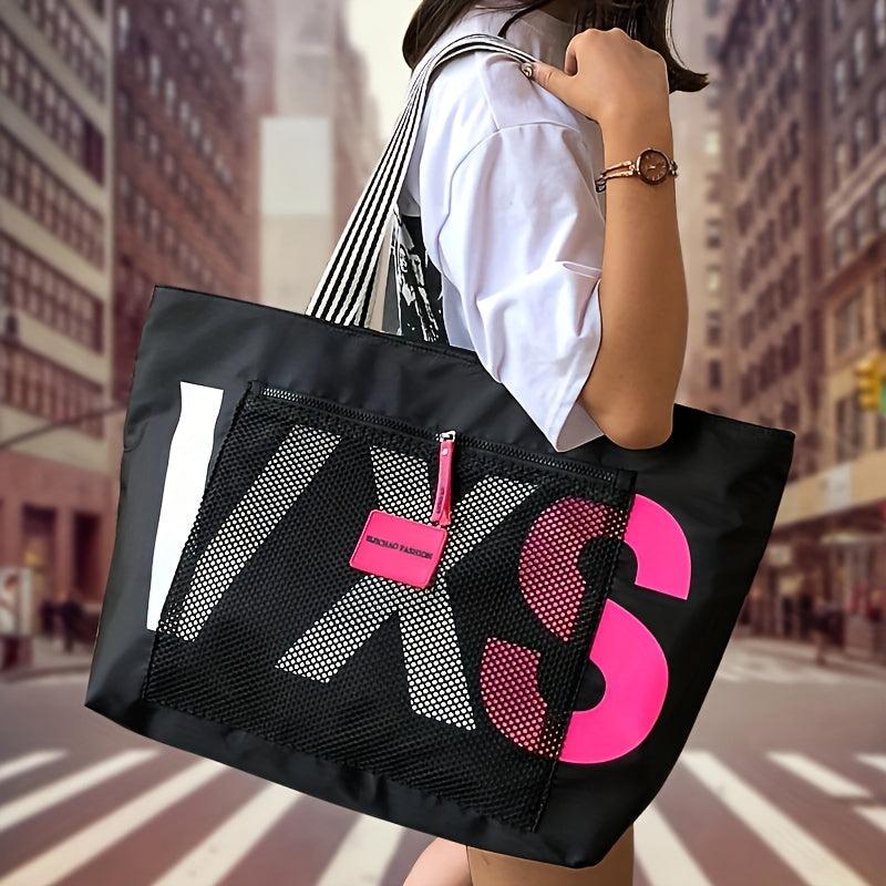 Letter Print Beach Tote Bag Lightweight Nylon Shoulder Bag for Women
