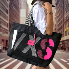 Letter Print Beach Tote Bag Lightweight Nylon Shoulder Bag for Women