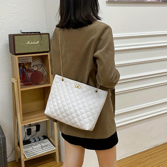 Quilted Turn Lock Tote Bag Large Capacity Shoulder Bag Chain Strap