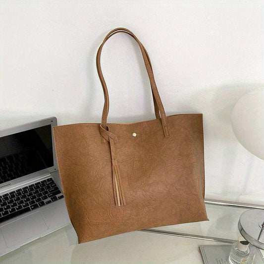 Vintage Tassel Decor Tote Bag Large Capacity Shoulder Bag Casual Shopping Bag
