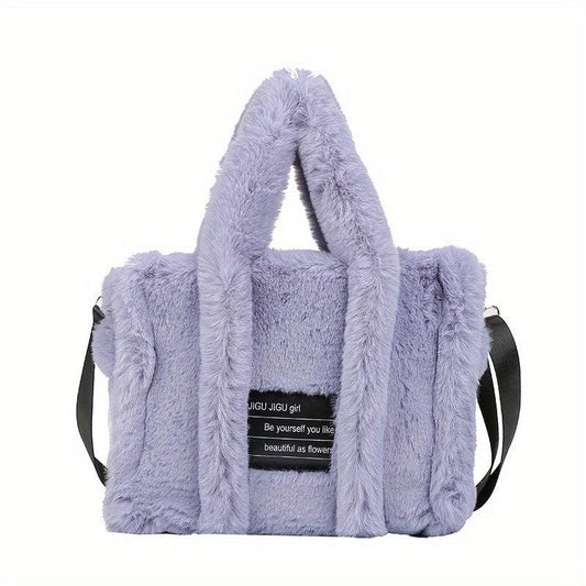 Plush Tote Bag Women Letter Patch Crossbody Fluffy Satchel Purse